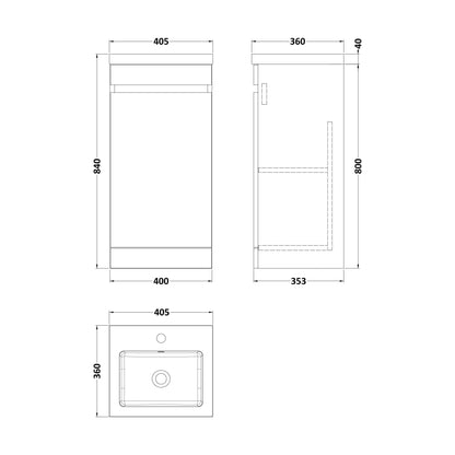[BFC101WTA] Balterley 400mm Floor Standing 1 Door Compact Unit with Polymarble Basin - White - Technical Drawing