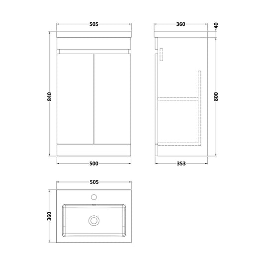 [BFC102BKA] Balterley 500mm Floor Standing 2 Door Compact Unit with Polymarble Basin - Dark Grey - Technical Drawing