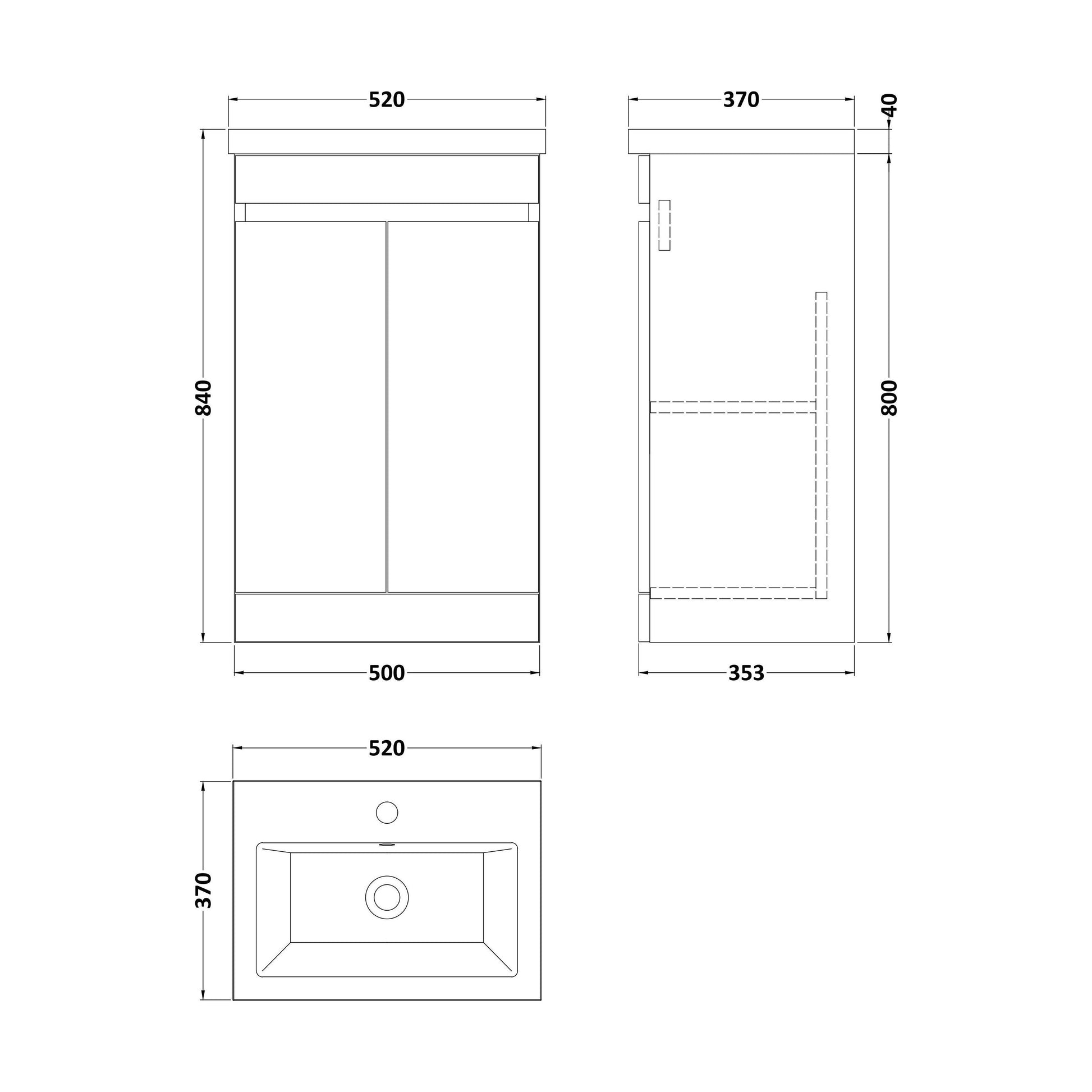 [BFC102BKB] Balterley 500mm Floor Standing 2 Door Compact Unit with Ceramic Basin - Dark Grey - Technical Drawing