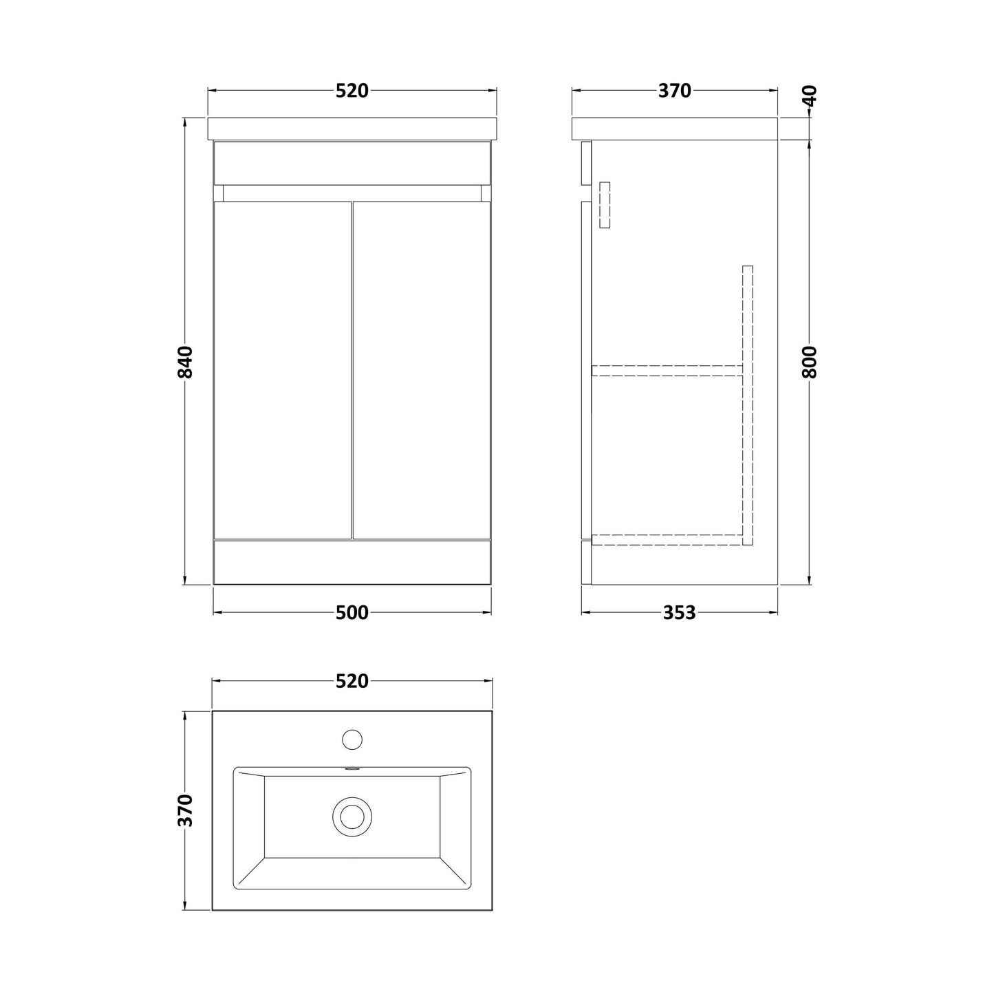 [BFC102PGB] Balterley 500mm Floor Standing 2 Door Compact Unit with Ceramic Basin - Pebble Grey - Technical Drawing
