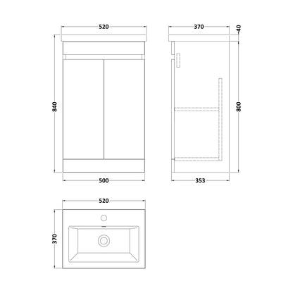 [BFC102PGB] Balterley 500mm Floor Standing 2 Door Compact Unit with Ceramic Basin - Pebble Grey - Technical Drawing