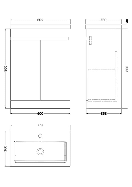 [BFC103BKA] Tean Floor Standing 2 Door Compact Vanity Unit with Polymarble Basin, Dark Grey, 600mm - Technical Drawing