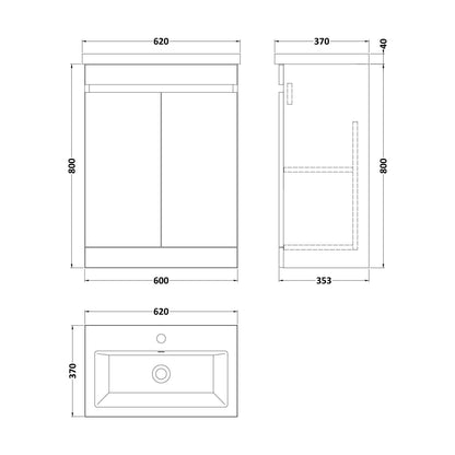 [BFC103BKB] Balterley 600mm Floor Standing 2 Door Compact Unit with Ceramic Basin - Dark Grey - Technical Drawing