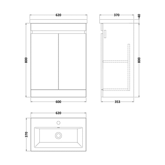 [BFC103BKB] Balterley 600mm Floor Standing 2 Door Compact Unit with Ceramic Basin - Dark Grey - Technical Drawing