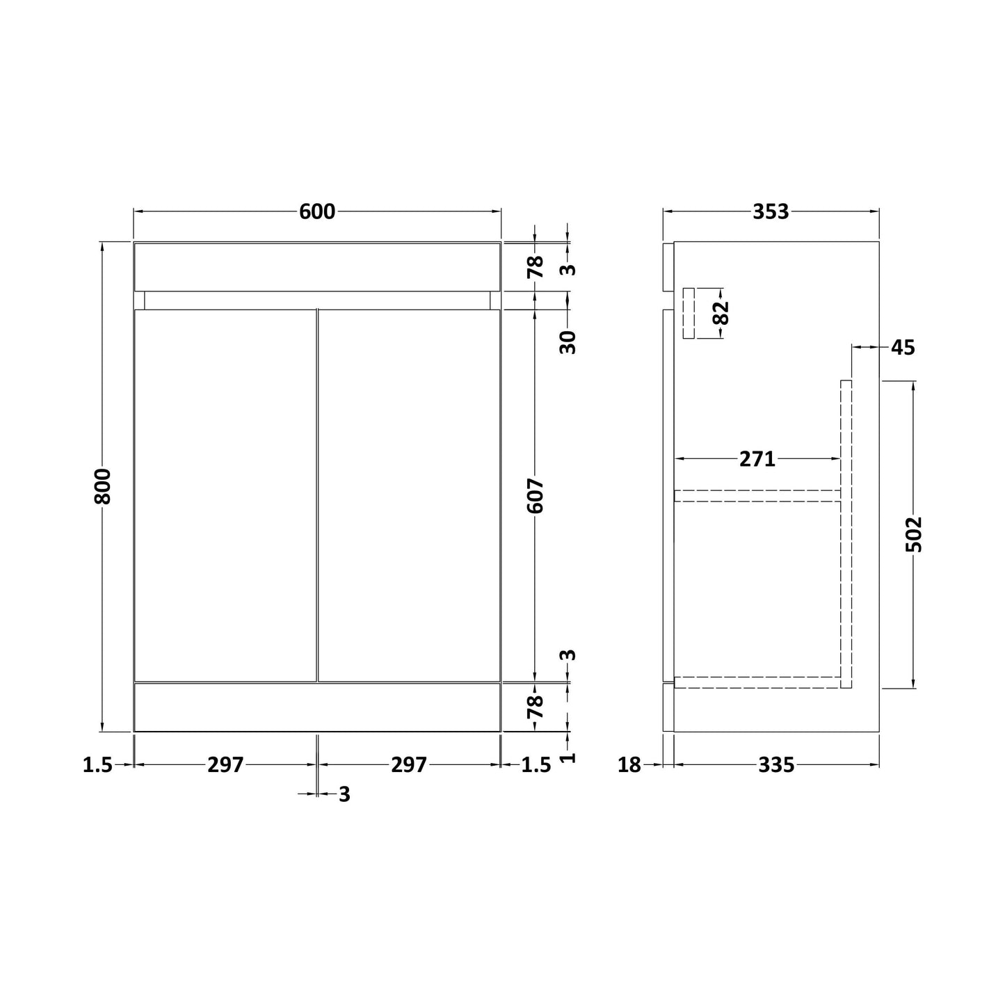 [BFC103BK] 600 2 Door Compact Unit - Technical Drawing