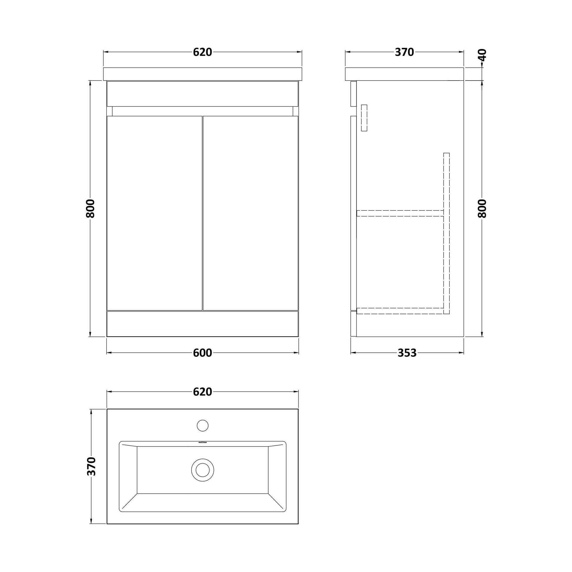 [BFC103WTB] Balterley 600mm Floor Standing 2 Door Compact Unit with Ceramic Basin - White - Technical Drawing