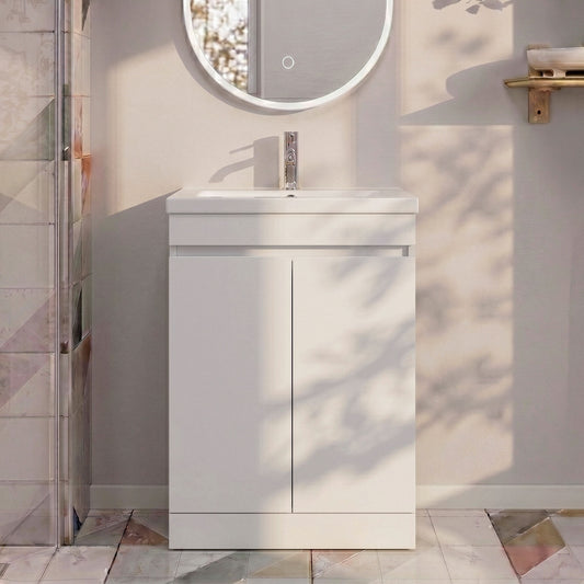 [BFC103WTB] Tean 600mm Floor Standing 2 Door Compact Unit with Ceramic Basin - White - Silo