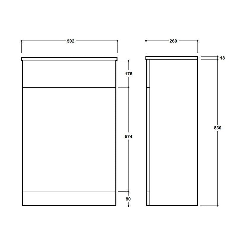 [BFC104OK] Balterley Square Floor Standing WC Back to Wall Toilet Unit, 500mm, Light Oak - Technical Drawing