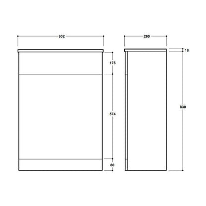[BFC105PG] Balterley Square Floor Standing WC Back to Wall Toilet Unit, 600mm, Pebble Grey - Technical Drawing