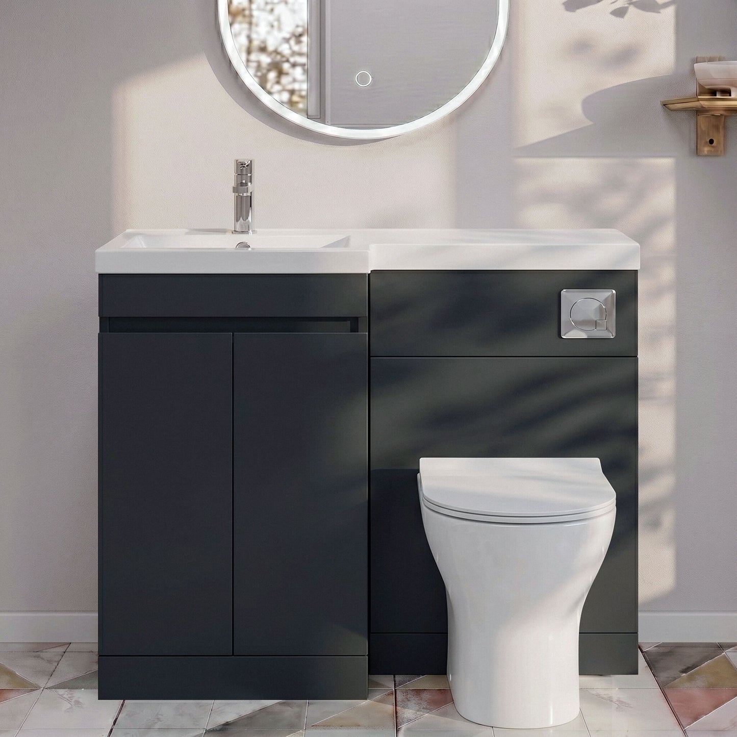 [BFC413LBK] Tean 1100mm Floor Standing Compact Unit with Polymarble Basin - Choice of Orientation and Colour - Silo