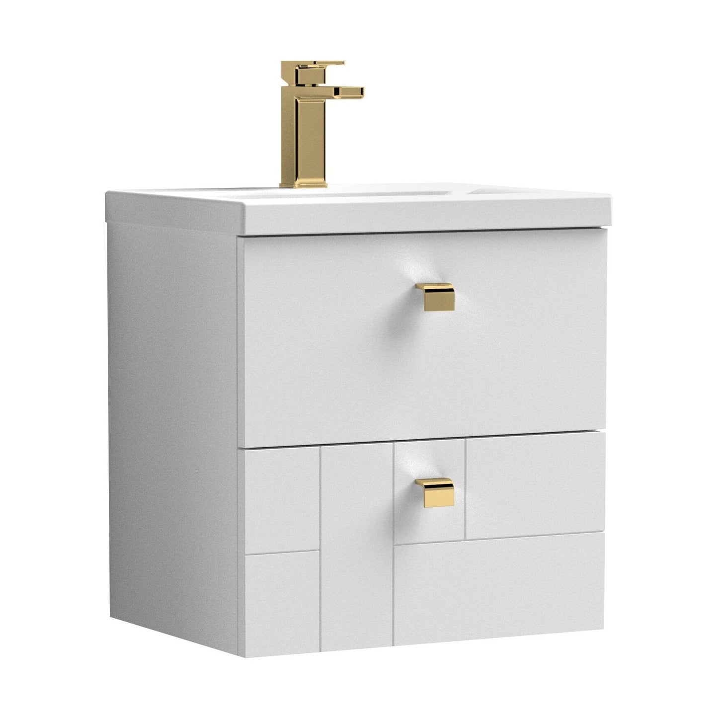 [BFCB105A3] Cube Wall Hung 2 Drawer Geometric Vanity Basin Unit & Ceramic Mid-Edge Basin - 500mm - Satin White with Brushed Brass Drop Handles - Cutout