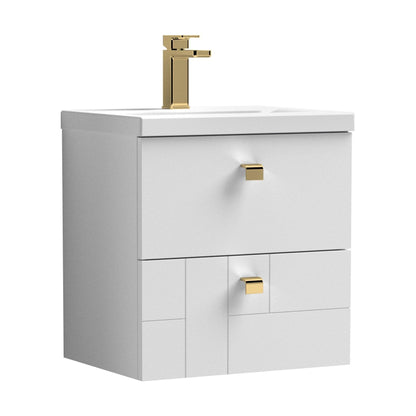 [BFCB105A3] Cube Wall Hung 2 Drawer Geometric Vanity Basin Unit & Ceramic Mid-Edge Basin - 500mm - Satin White with Brushed Brass Drop Handles - Cutout