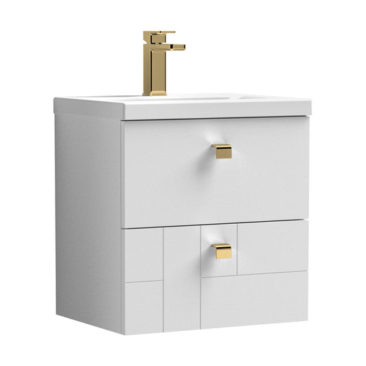 [BFCB105A3] Cube Wall Hung 2 Drawer Geometric Vanity Basin Unit & Ceramic Mid-Edge Basin - 500mm - Satin White with Brushed Brass Drop Handles - Cutout
