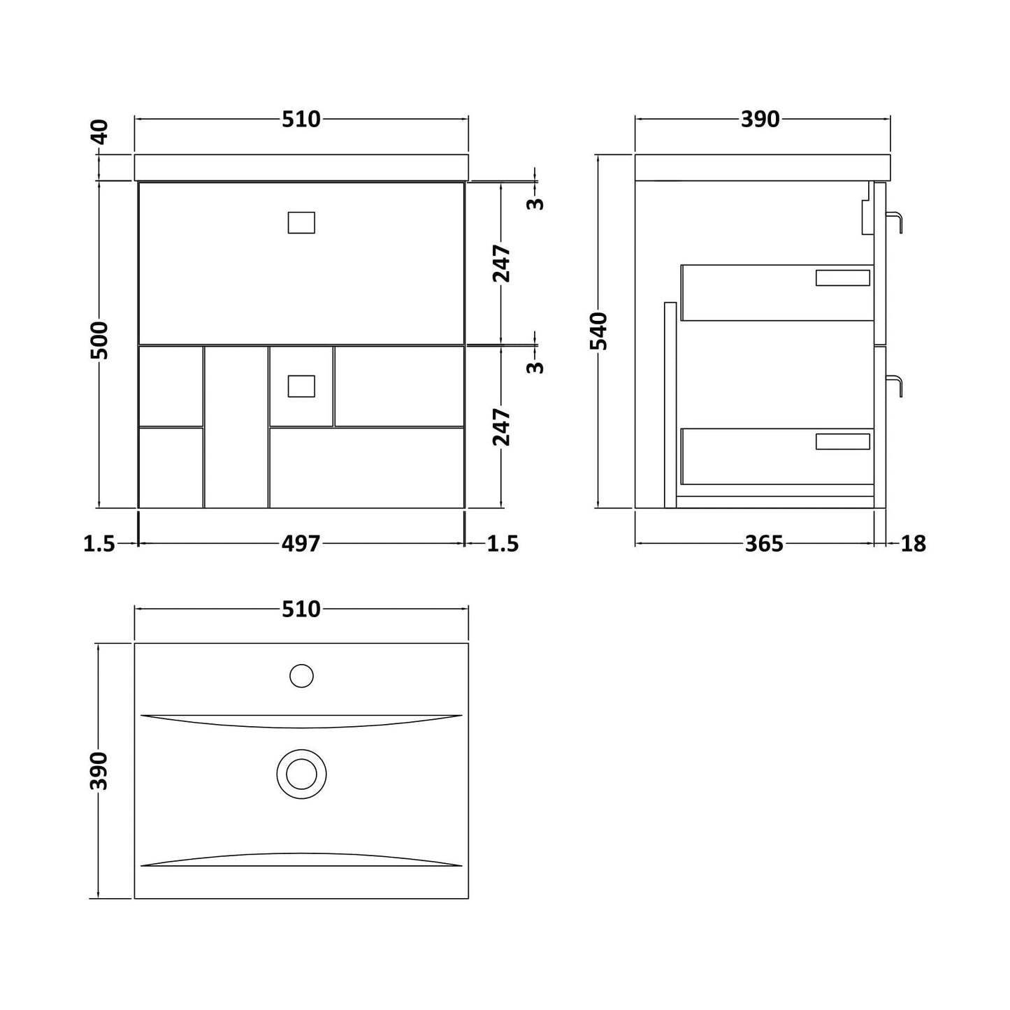 [BFCB105A3] Cube Wall Hung 2 Drawer Geometric Vanity Basin Unit & Ceramic Mid-Edge Basin - 500mm - Satin White with Brushed Brass Drop Handles - Technical Drawing