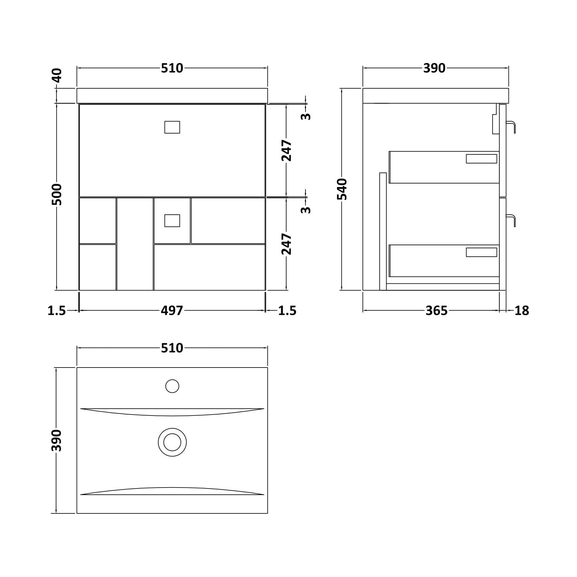 [BFCB105A4] Cube Wall Hung 2 Drawer Geometric Vanity Basin Unit & Ceramic Mid-Edge Basin - 500mm - Satin White with Chrome Round Handles - Technical Drawing