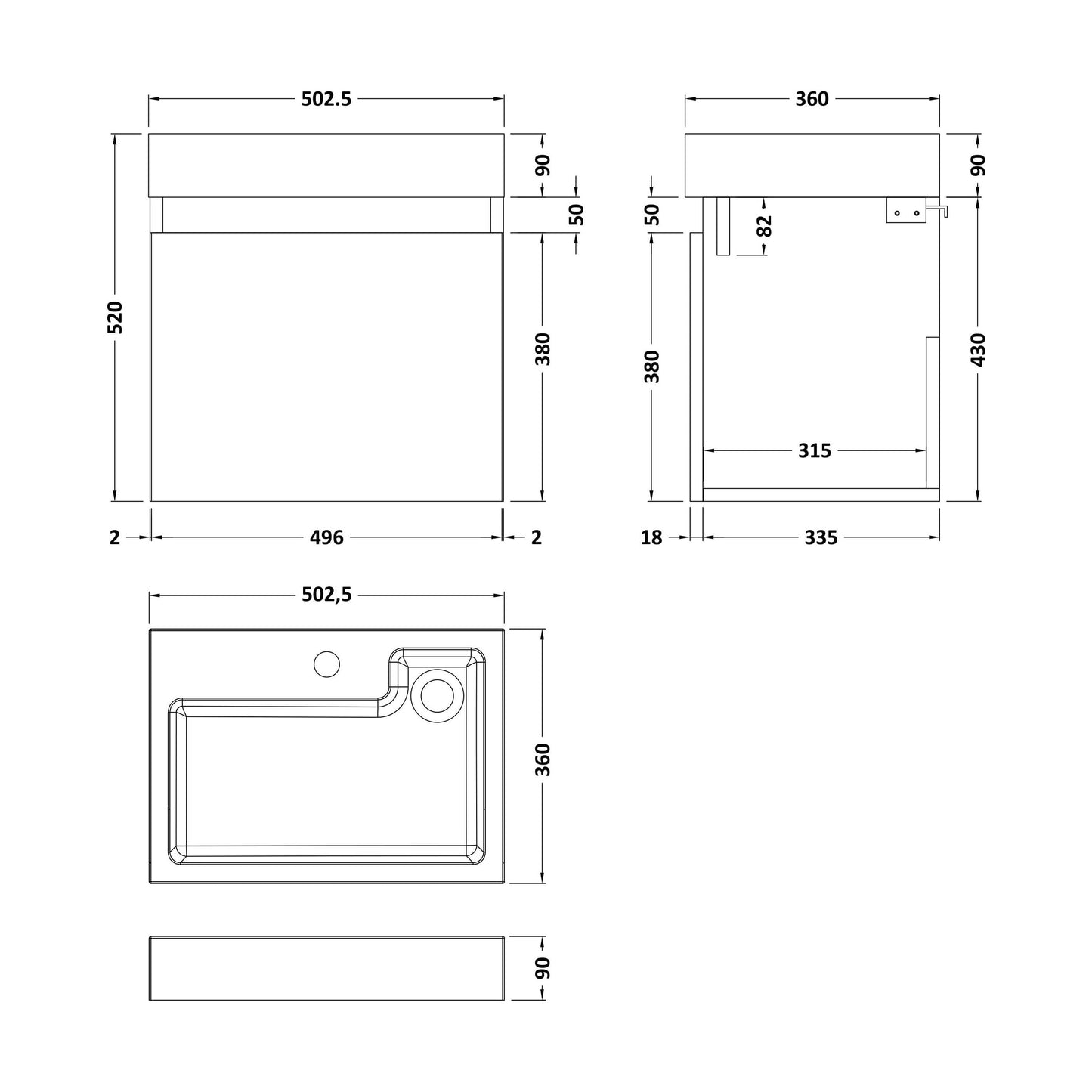 [BFCH004] Wall Hung Vanity Basin Unit & Polymarble Basin - 500mm - Woodgrain Anthracite - Technical Drawing