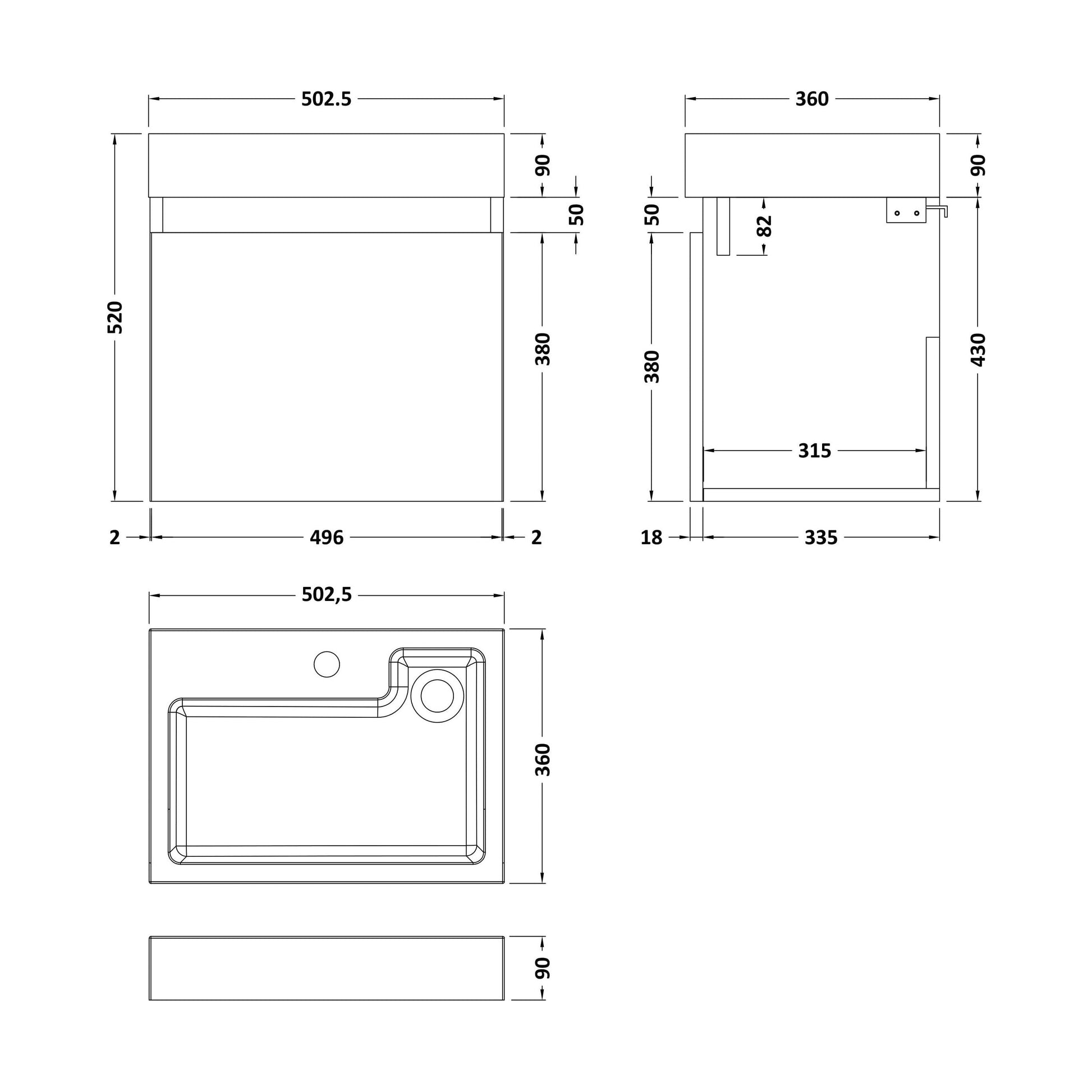 [BFCH004] Wall Hung Vanity Basin Unit & Polymarble Basin - 500mm - Woodgrain Anthracite - Technical Drawing