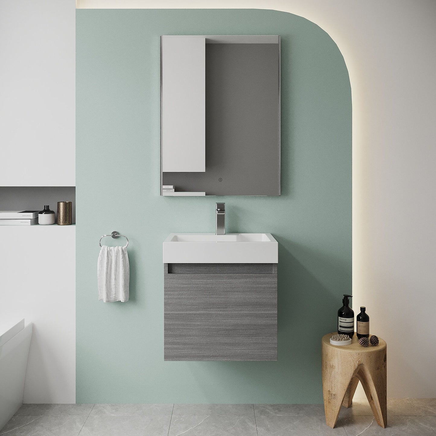 [BFCH004] Wall Hung Vanity Basin Unit & Polymarble Basin - 500mm - Woodgrain Anthracite - Lifestyle 1