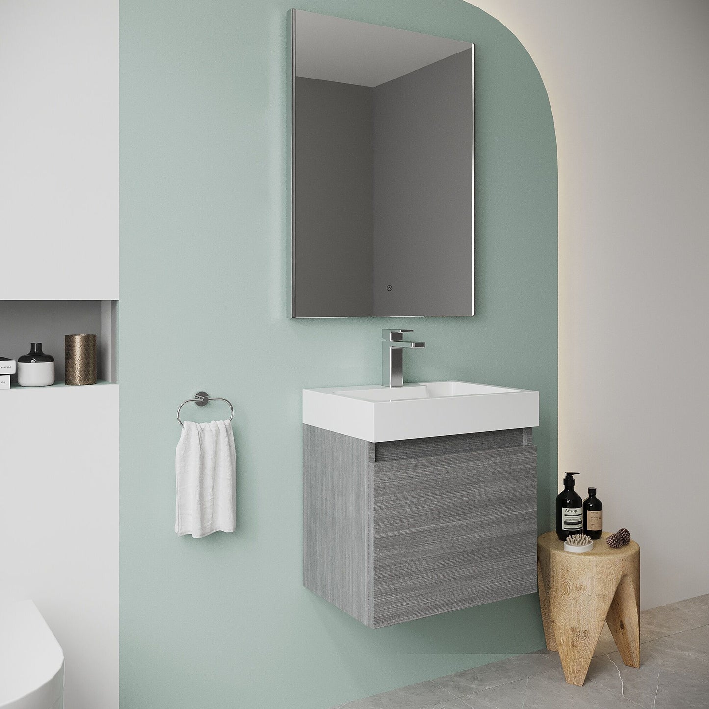[BFCH004] Wall Hung Vanity Basin Unit & Polymarble Basin - 500mm - Woodgrain Anthracite - Lifestyle 3