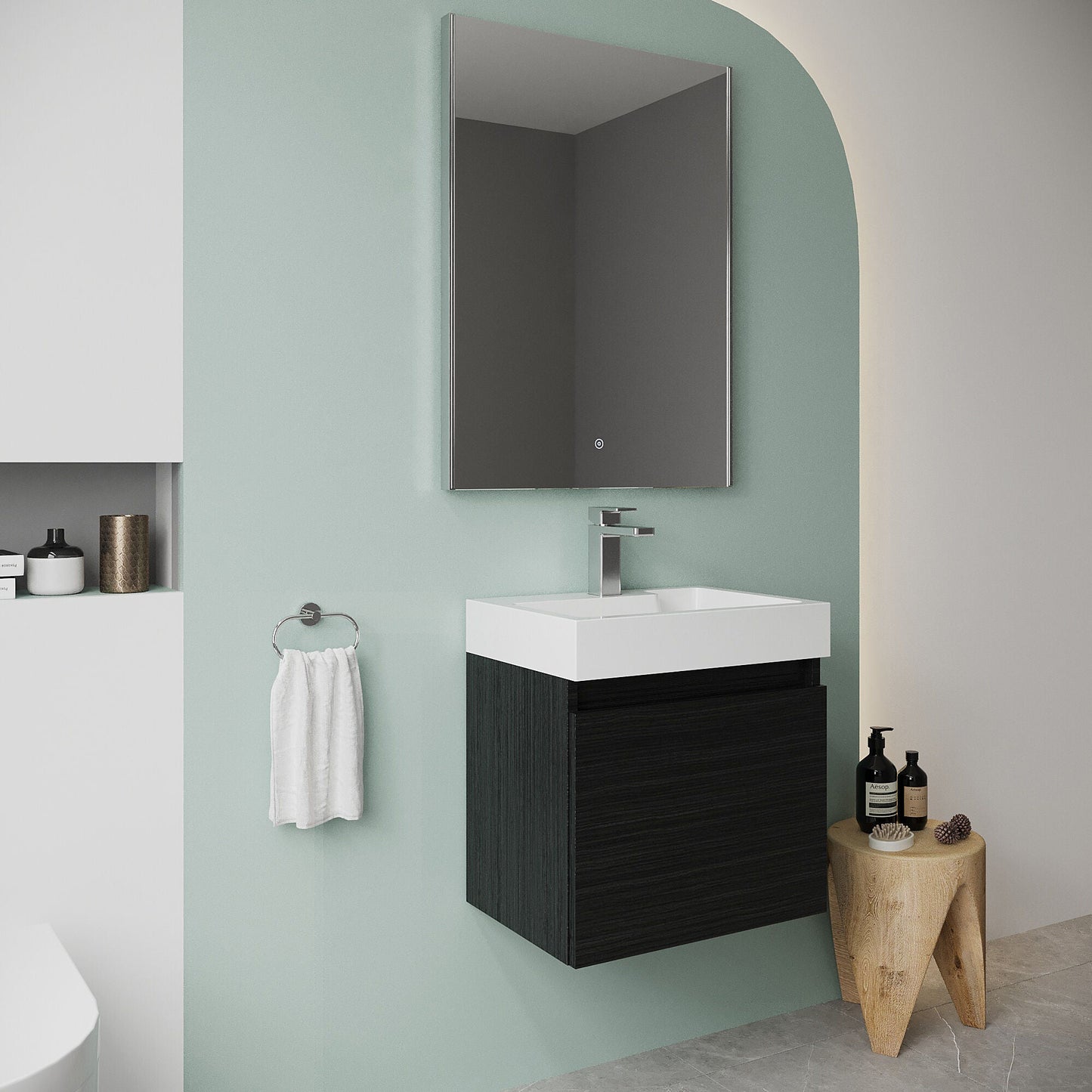[BFCH005] Wall Hung Vanity Basin Unit & Polymarble Basin - 500mm - Woodgrain Charcoal Black - Lifestyle 3