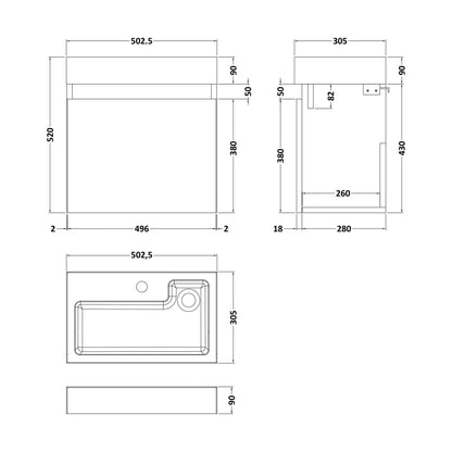 [BFCH014] Wall Hung Vanity Basin Unit & Slimline Polymarble Basin - 500mm - Woodgrain Anthracite - Technical Drawing