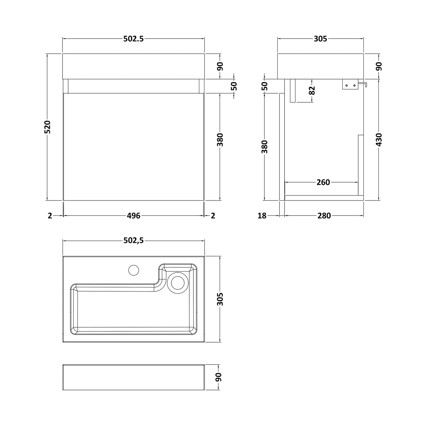 [BFCH018] Wall Hung Vanity Basin Unit & Slimline Polymarble Basin - 500mm - Gloss Grey - Technical Drawing