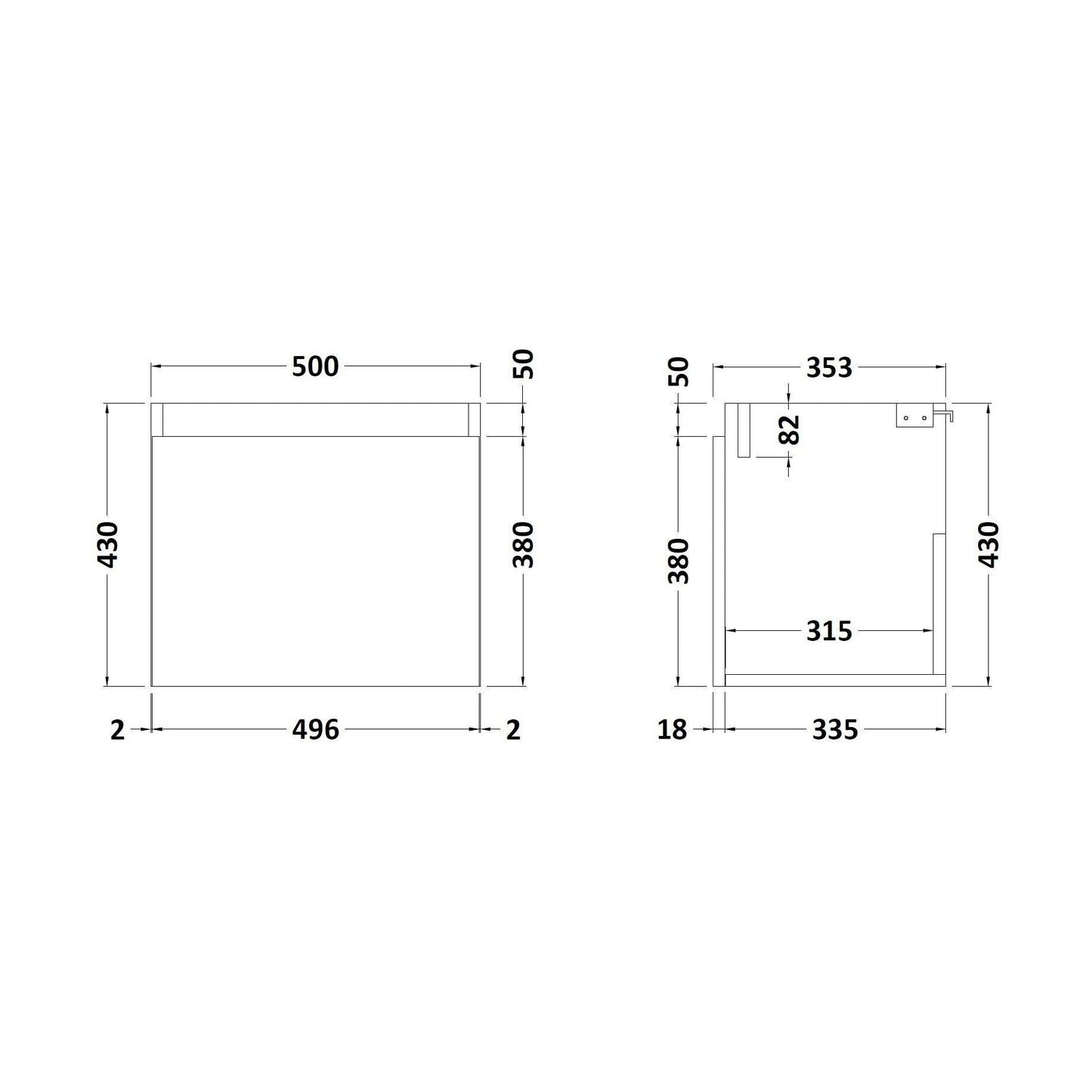 [BFCH182Z] 500 Single Door Wall Hung Unit - Technical Drawing