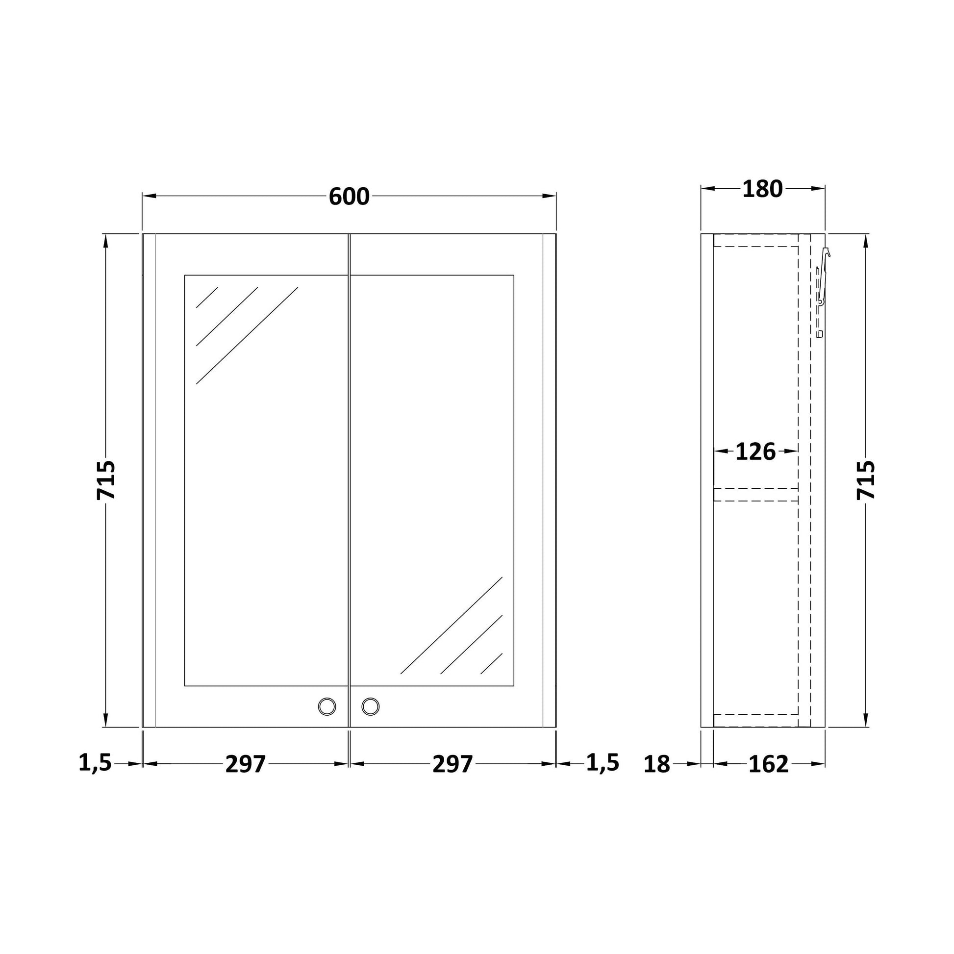 [BFCL117] Swynnerton Traditional Wall Hung 2 Soft Close Door Mirror Cabinet, 600mm - Choice of Colour - Technical Drawing