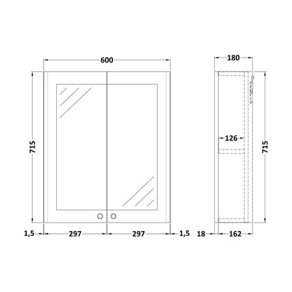 [BFCL117] Swynnerton Traditional Wall Hung 2 Soft Close Door Mirror Cabinet, 600mm - Choice of Colour - Technical Drawing