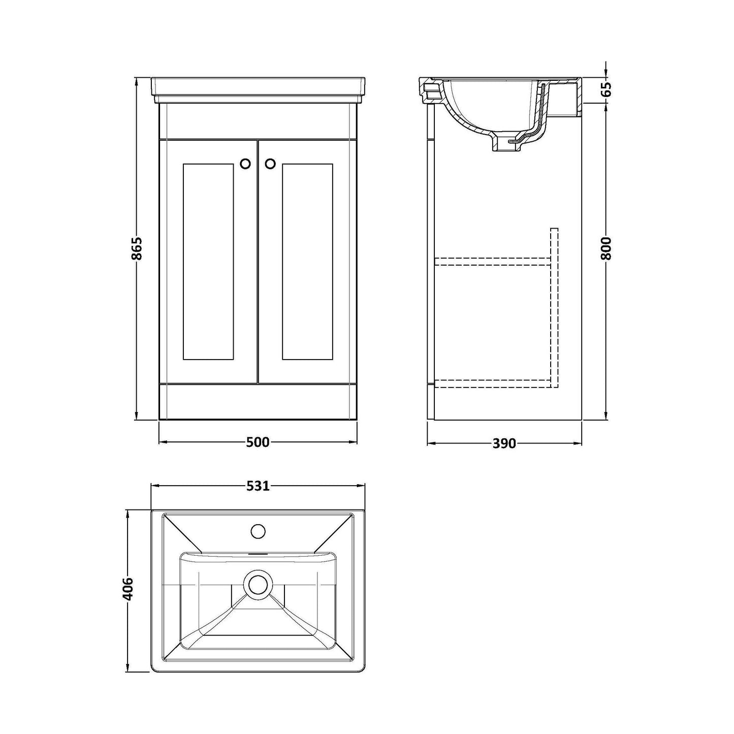 [BFCL123A] Swynnerton Traditional Floor Standing Vanity Basin Unit with 1 Tap Hole Ceramic Basin - Choice of Size and Finish - Technical Drawing