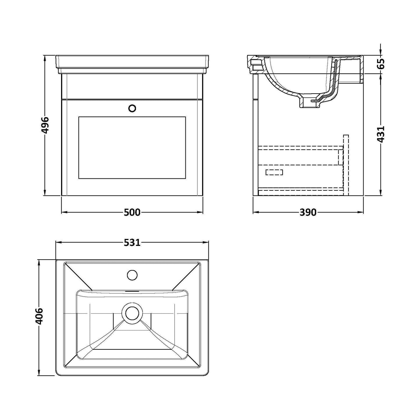 [BFCL1491A] Swynnerton Traditional Wall Hung 1 Drawer Vanity Basin Unit with Fireclay Basin - Choice of Colour and Size - Technical Drawing