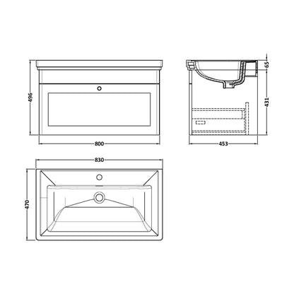 [BFCL1496A] Swynnerton Traditional Wall Hung 1 Drawer Vanity Basin Unit with Fireclay Basin - Choice of Colour and Size - Technical Drawing