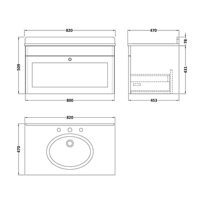 [BFCL1496BR3] Swynnerton Traditional 1 Drawer Wall Hung Vanity Unit with Marble Basin, Dark Grey, 800mm - Technical Drawing