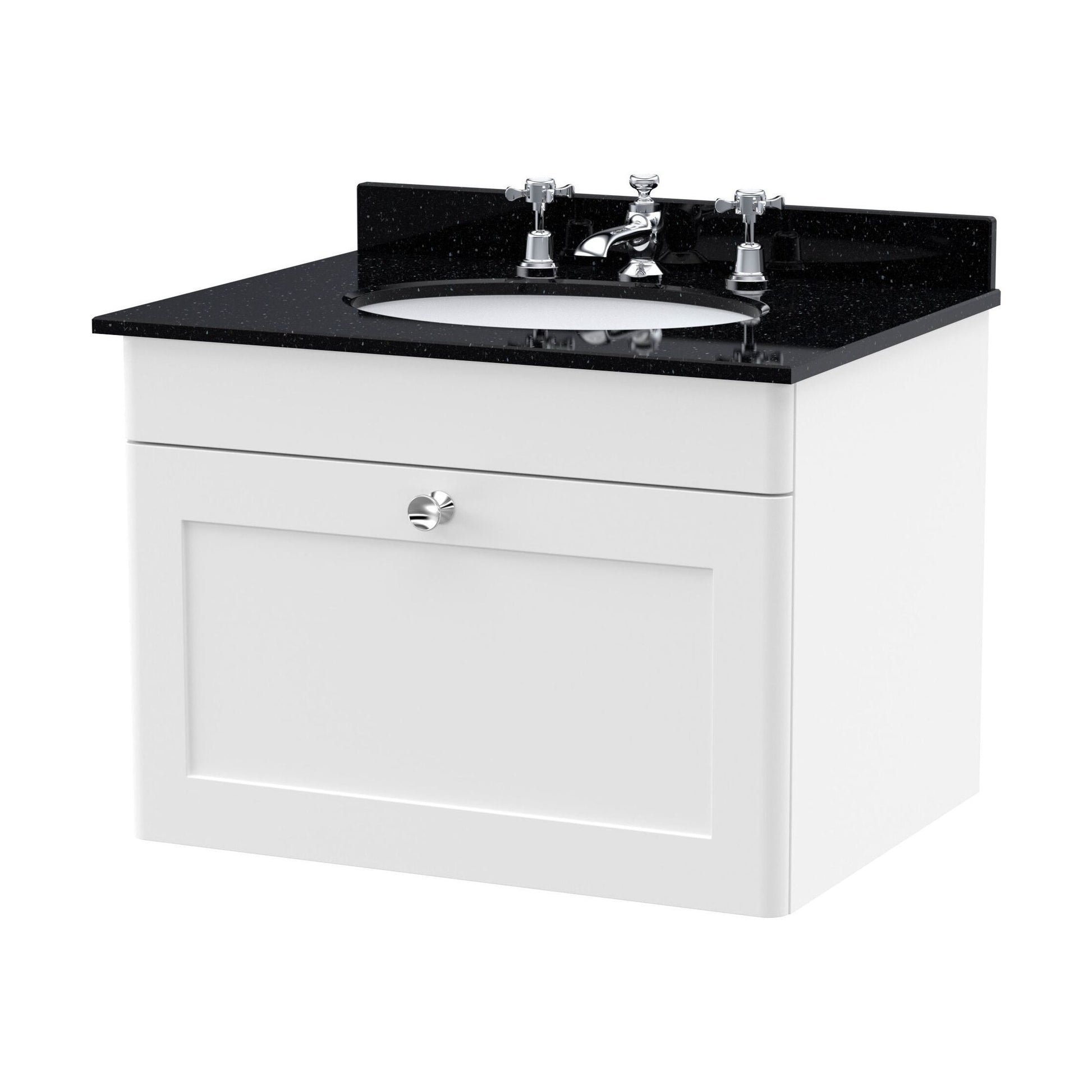 [BFCL194BR3] Swynnerton Traditional 1 Drawer Wall Hung Vanity Unit with Marble Basin, Satin White, 600mm - Cutout