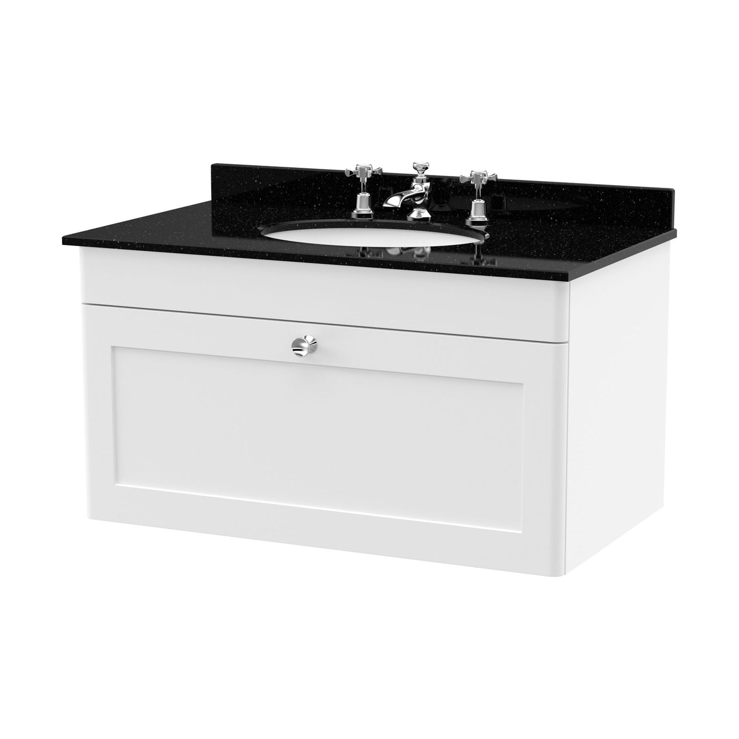 [BFCL196BR3] Swynnerton Traditional 1 Drawer Wall Hung Vanity Unit with Marble Basin, Satin White, 800mm - Cutout