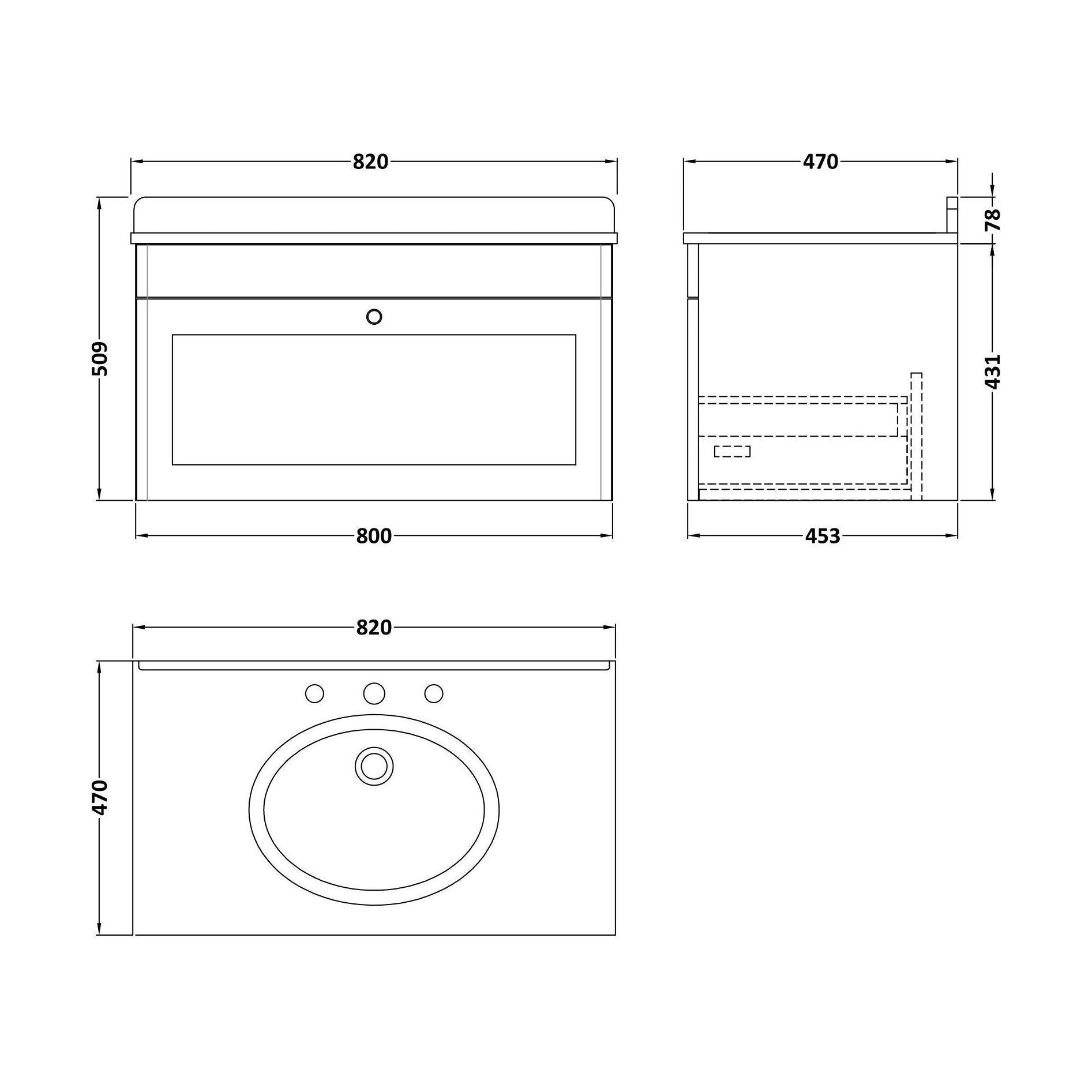 [BFCL196BR3] Swynnerton Traditional 1 Drawer Wall Hung Vanity Unit with Marble Basin, Satin White, 800mm - Technical Drawing