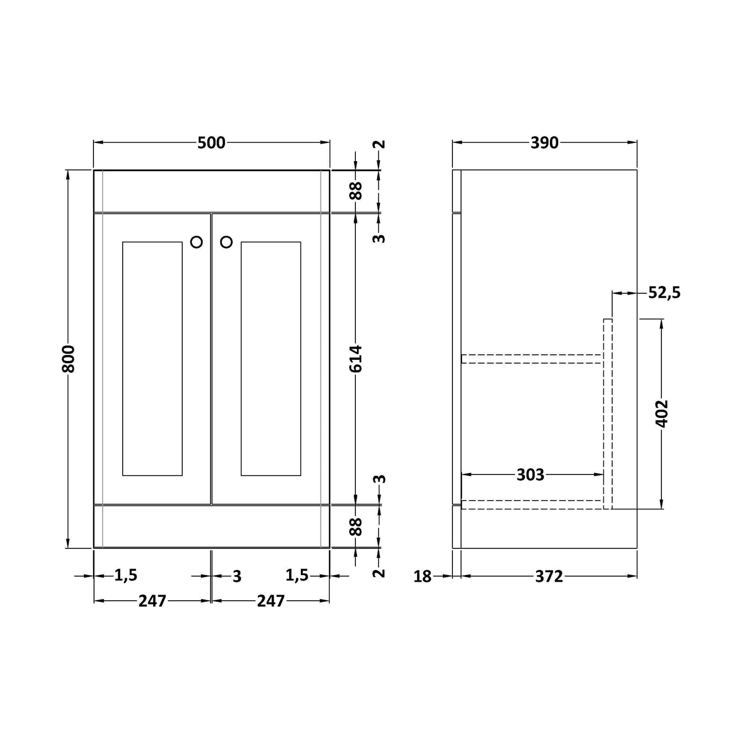 [BFCL223] 500 F/S 2-Door Unit (800x500x390) - Technical Drawing