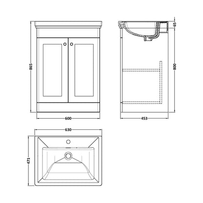 [BFCL225A] Swynnerton Traditional Floor Standing Vanity Basin Unit with 1 Tap Hole Ceramic Basin - Choice of Size and Finish - Technical Drawing