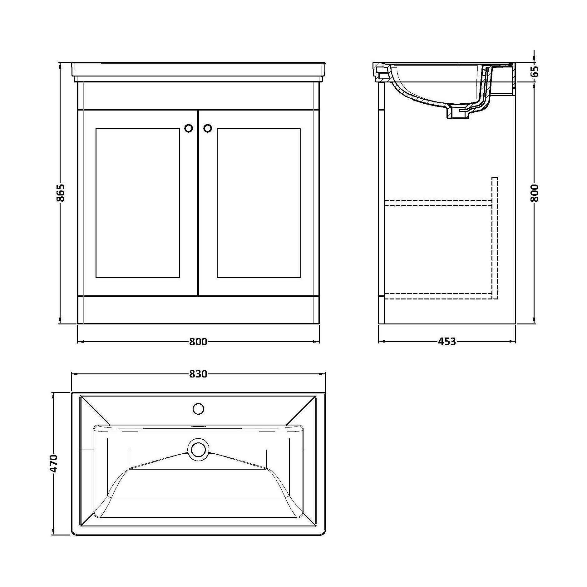 [BFCL226A] Swynnerton Traditional Floor Standing Vanity Basin Unit with 1 Tap Hole Ceramic Basin - Choice of Size and Finish - Technical Drawing