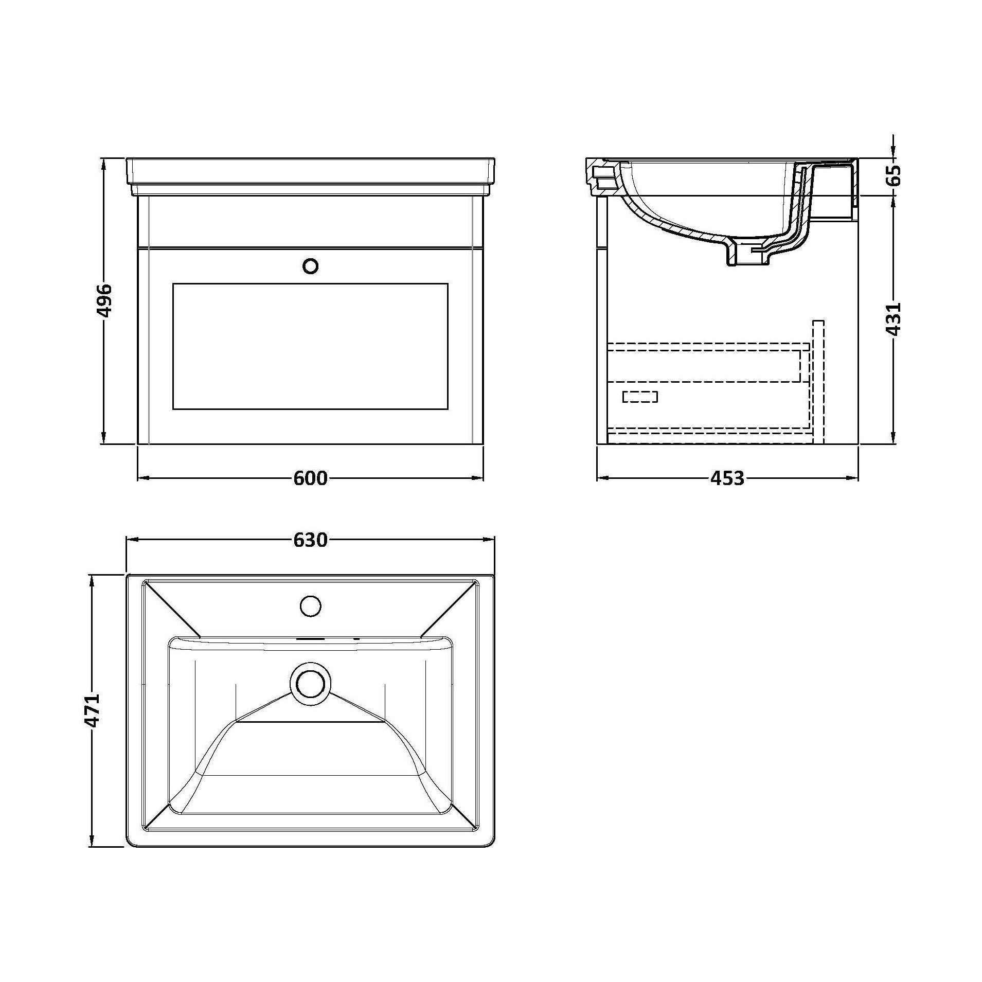 [BFCL294A] Swynnerton Traditional Wall Hung 1 Drawer Vanity Basin Unit with Fireclay Basin - Choice of Colour and Size - Technical Drawing