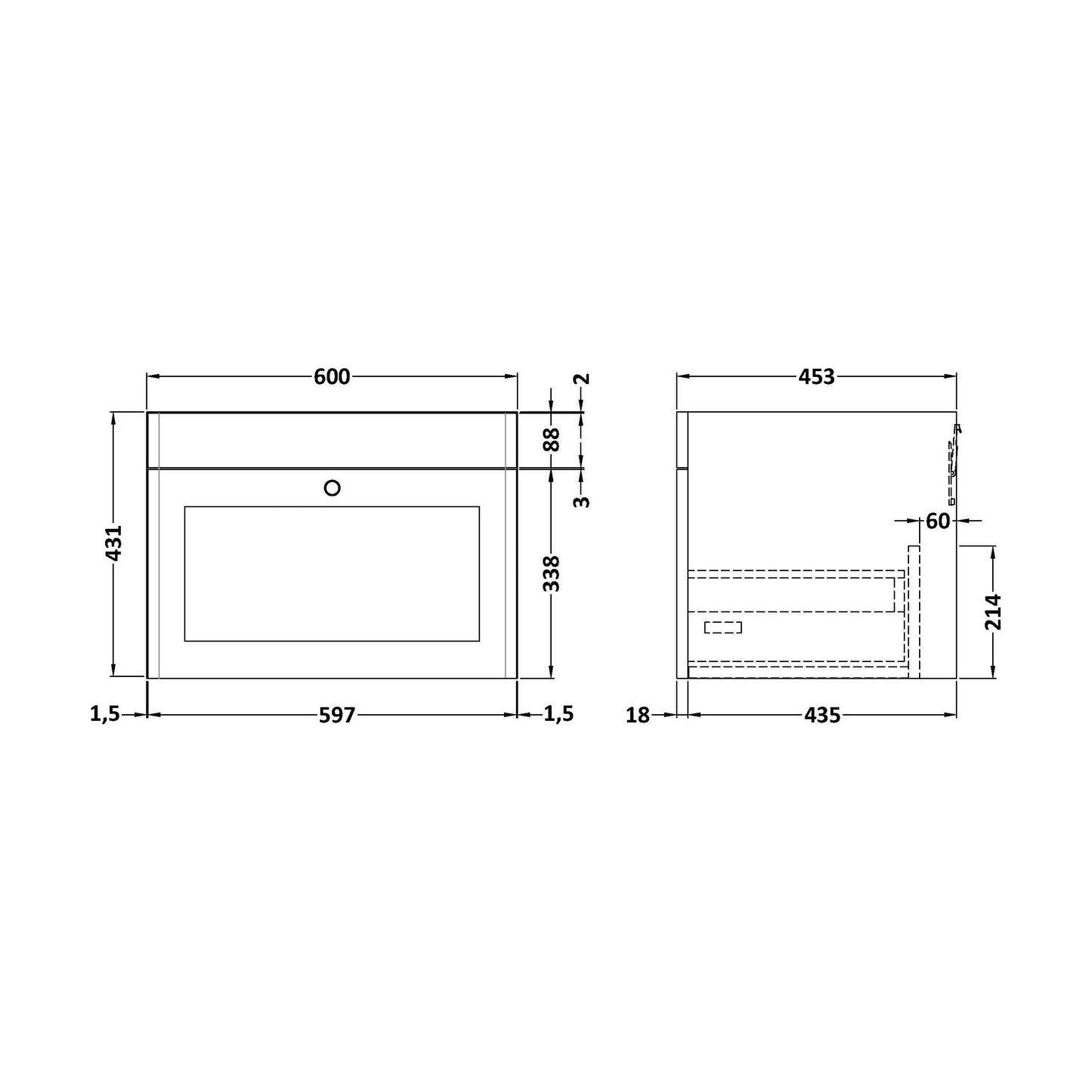 [BFCL294] 600 W/H 1-Drawer Unit (431x600x453) - Technical Drawing