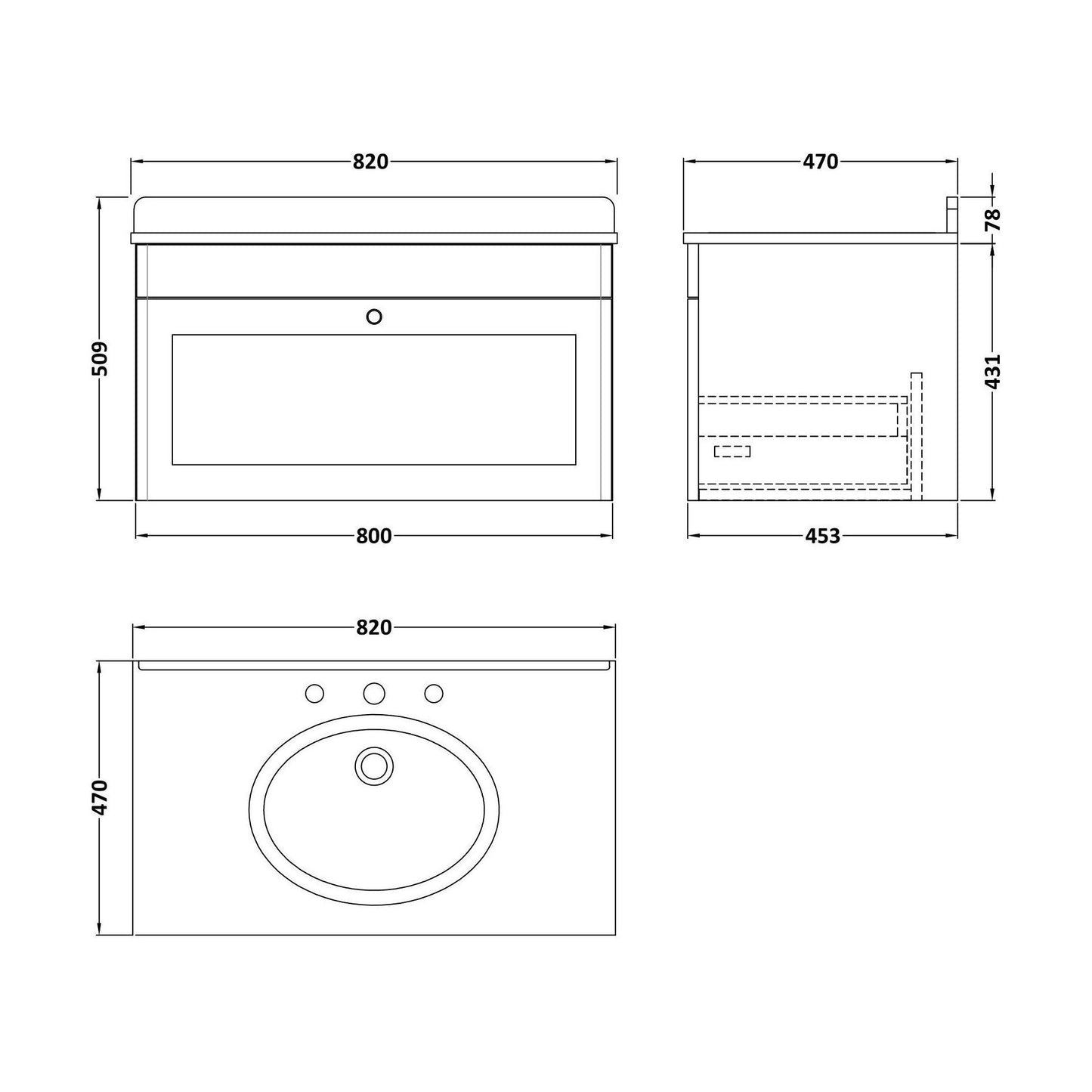 [BFCL296BR3] Swynnerton Traditional 1 Drawer Wall Hung Vanity Unit with Marble Basin, Satin Grey, 800mm - Technical Drawing