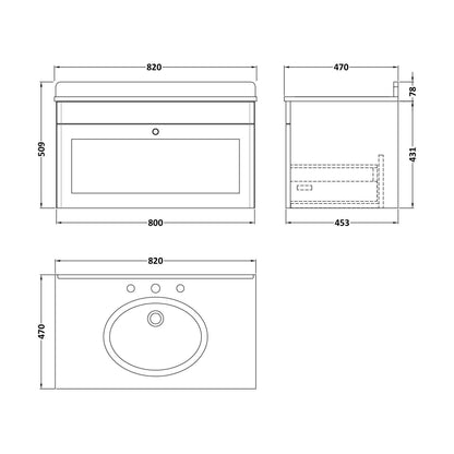 [BFCL296BR3] Swynnerton Traditional 1 Drawer Wall Hung Vanity Unit with Marble Basin, Satin Grey, 800mm - Technical Drawing