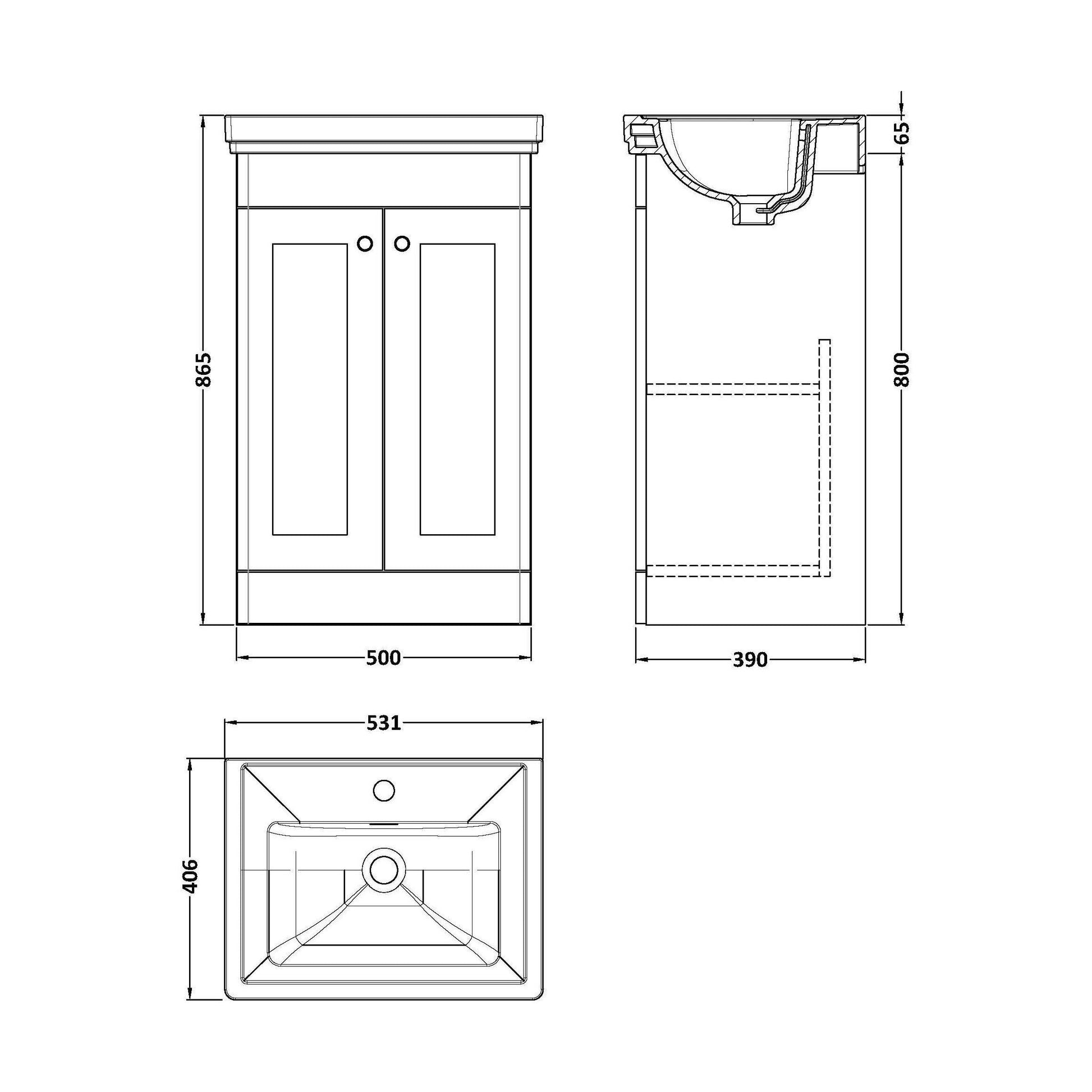 [BFCL823A] Swynnerton Traditional Floor Standing Vanity Basin Unit with 1 Tap Hole Ceramic Basin - Choice of Size and Finish - Technical Drawing