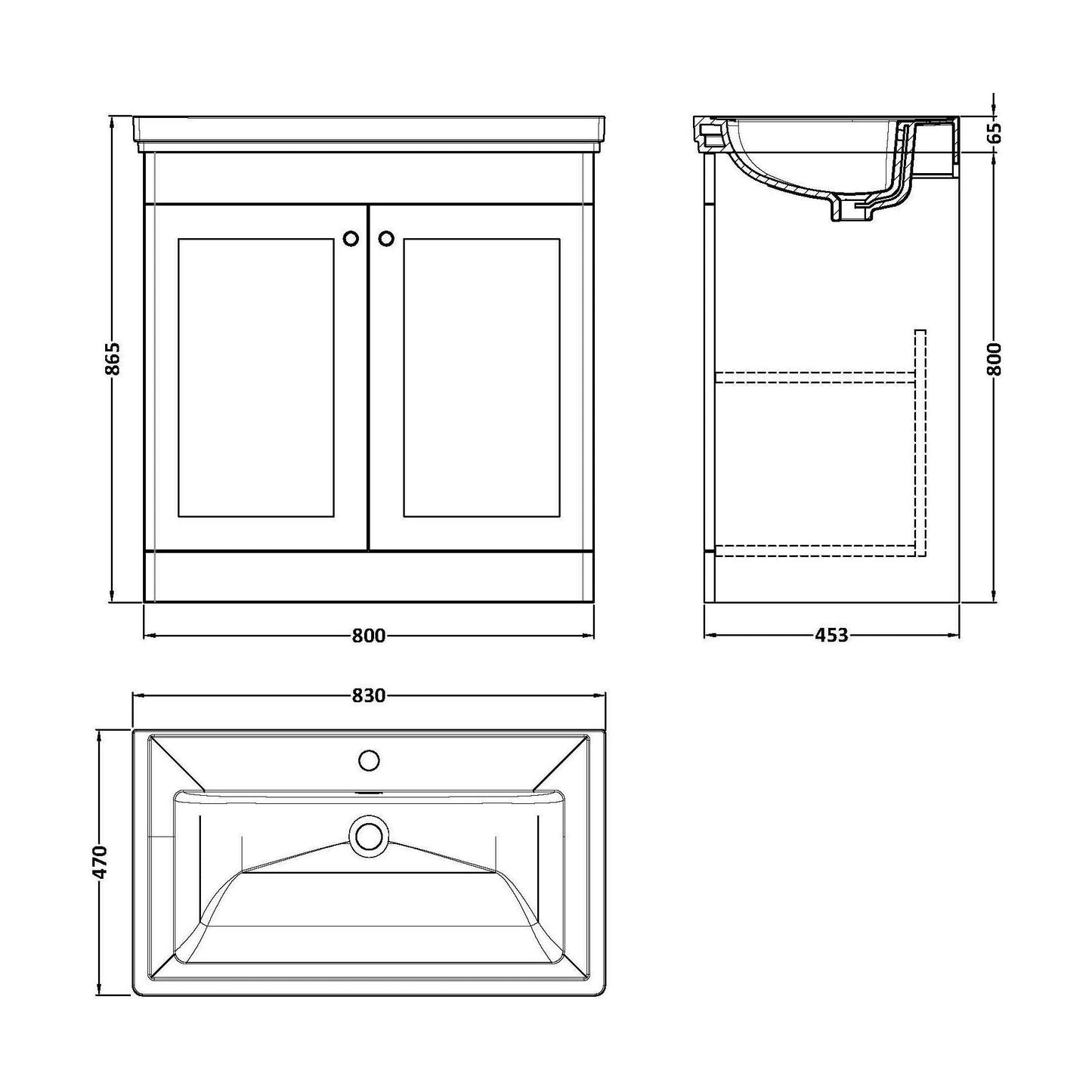[BFCL826A] Swynnerton Traditional Floor Standing Vanity Basin Unit with 1 Tap Hole Ceramic Basin - Choice of Size and Finish - Technical Drawing