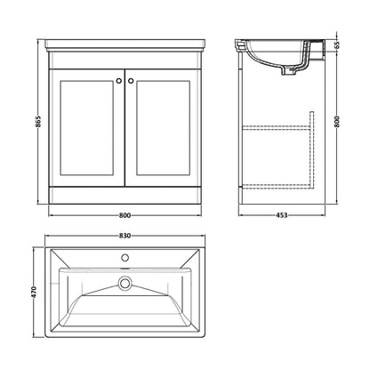 [BFCL826A] Swynnerton Traditional Floor Standing Vanity Basin Unit with 1 Tap Hole Ceramic Basin - Choice of Size and Finish - Technical Drawing