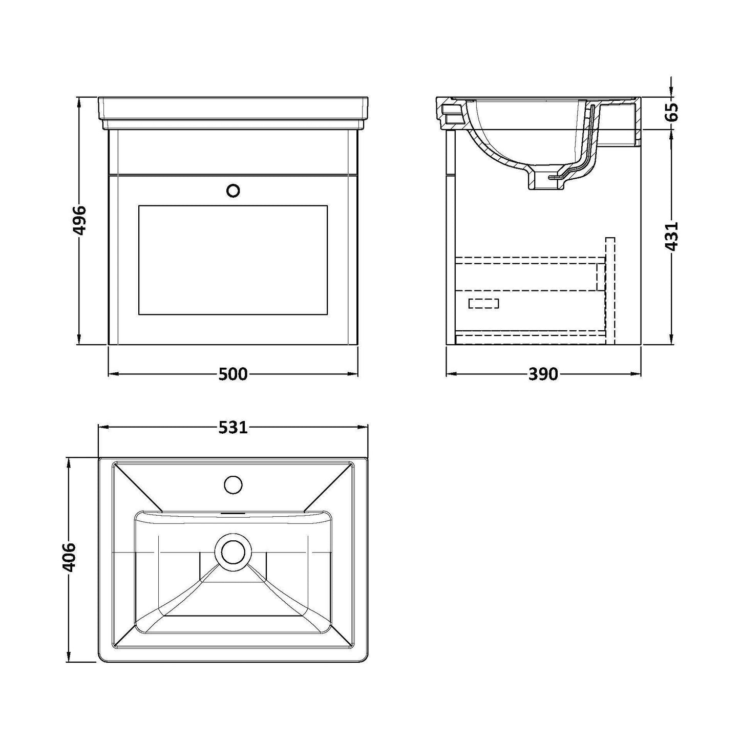 [BFCL891A] Swynnerton Traditional Wall Hung 1 Drawer Vanity Basin Unit with Fireclay Basin - Choice of Colour and Size - Technical Drawing