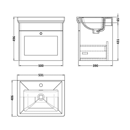 [BFCL891A] Swynnerton Traditional Wall Hung 1 Drawer Vanity Basin Unit with Fireclay Basin - Choice of Colour and Size - Technical Drawing