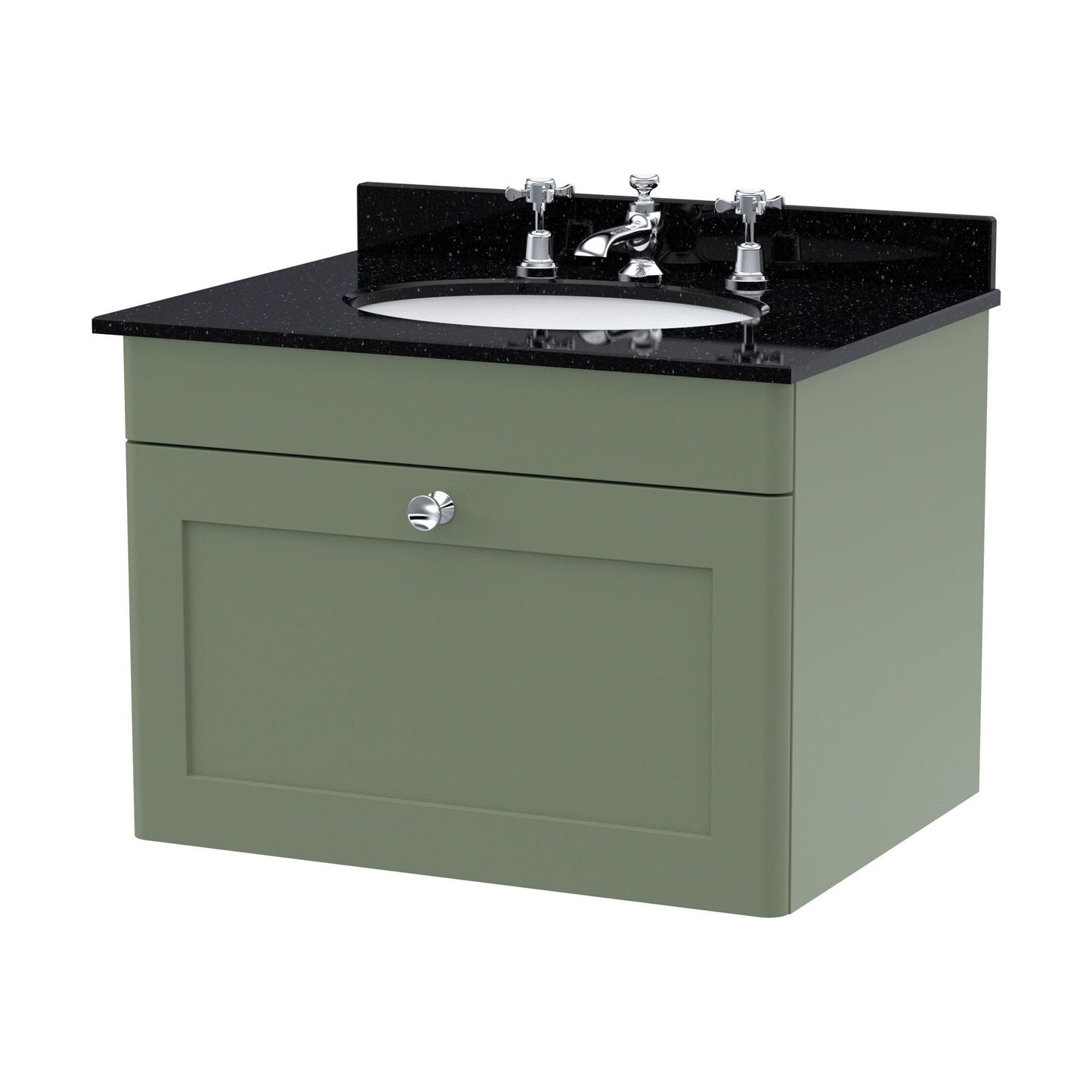 [BFCL894BR3] Swynnerton Traditional 1 Drawer Wall Hung Vanity Unit with Marble Basin, Satin Green, 600mm - Cutout