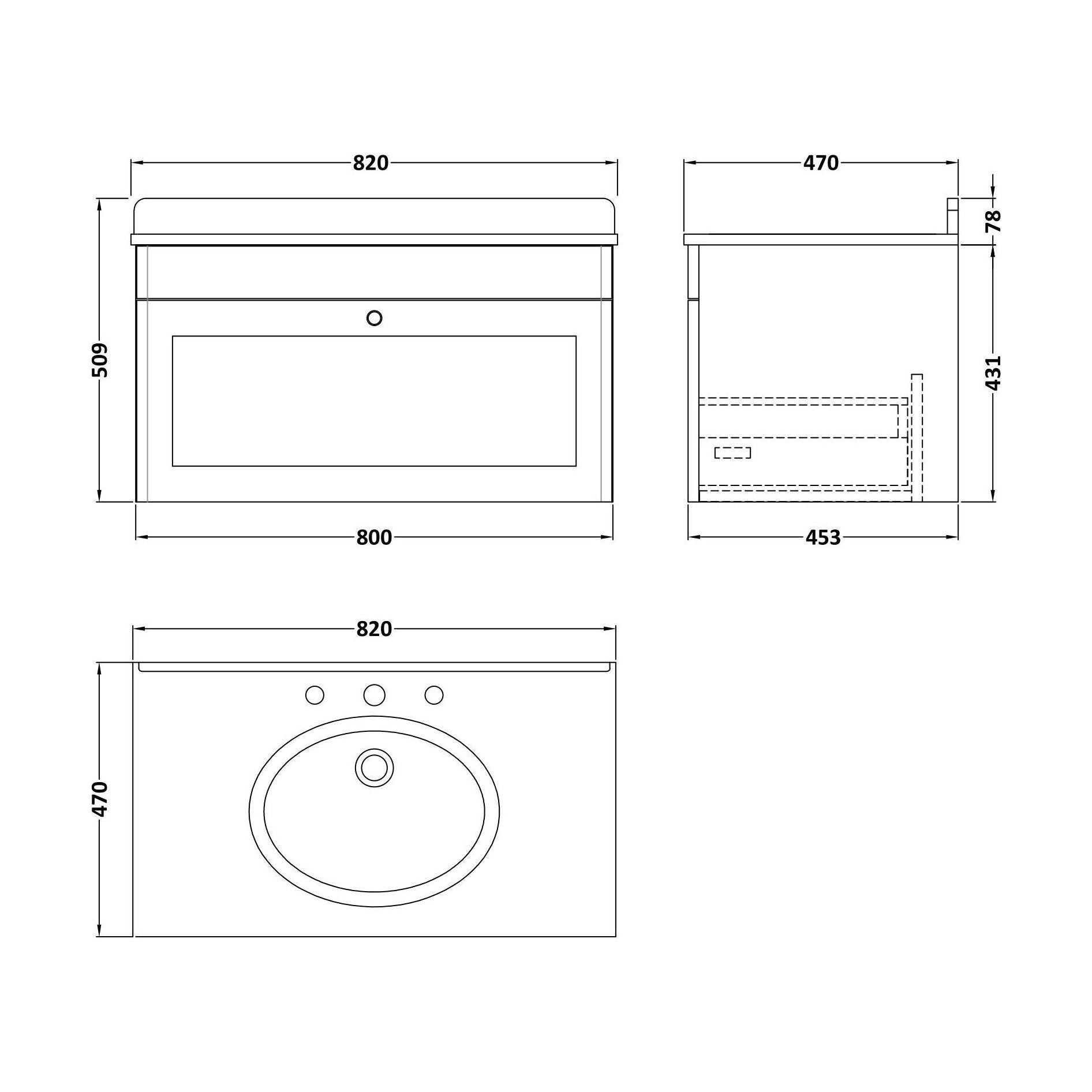 [BFCL896BR3] Swynnerton Traditional 1 Drawer Wall Hung Vanity Unit with Marble Basin, Satin Green, 800mm - Technical Drawing